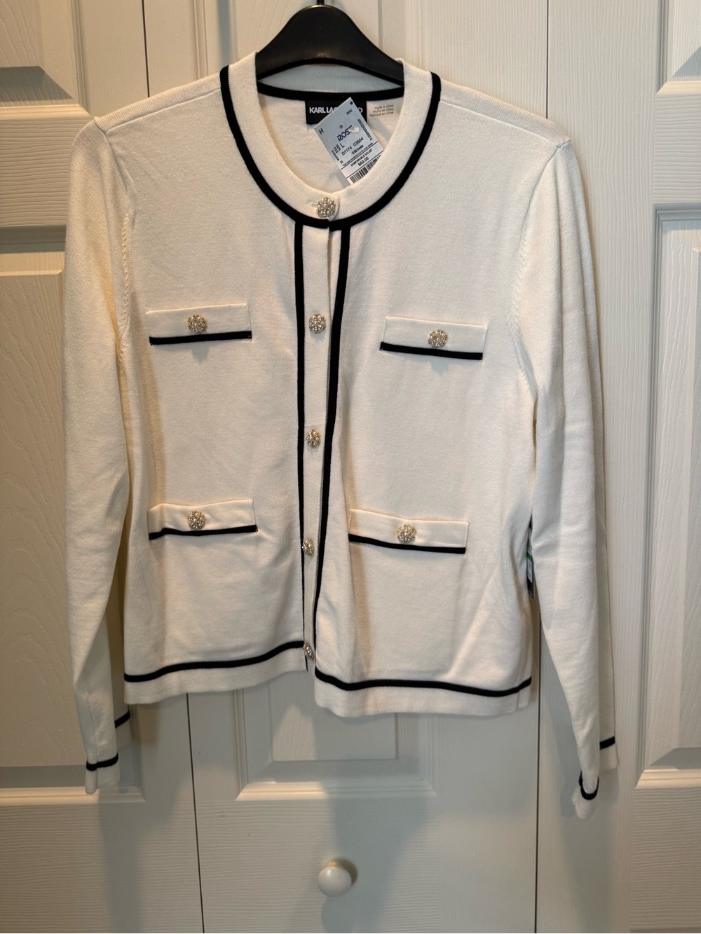 % Karl Lagerfeld Cream Faux Cardigan Jacket with Black Trim & Rhinestone Buttons